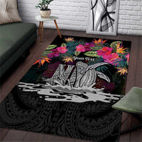 Personalised Hawaii Area Rug Humpback Whale Tattoo With Tropical Flowers Black