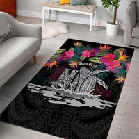Personalised Hawaii Area Rug Humpback Whale Tattoo With Tropical Flowers Black
