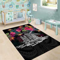 Personalised Hawaii Area Rug Humpback Whale Tattoo With Tropical Flowers Black