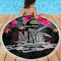 Personalised Hawaii Beach Blanket Humpback Whale Tattoo With Tropical Flowers Black LT14 - Polynesian Pride