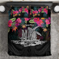 Personalised Hawaii Bedding Set Humpback Whale Tattoo With Tropical Flowers Black LT14 Black - Polynesian Pride