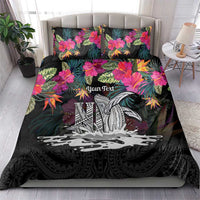 Personalised Hawaii Bedding Set Humpback Whale Tattoo With Tropical Flowers Black LT14 - Polynesian Pride