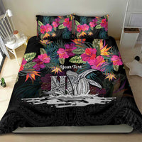 Personalised Hawaii Bedding Set Humpback Whale Tattoo With Tropical Flowers Black LT14 - Polynesian Pride