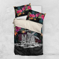 Personalised Hawaii Bedding Set Humpback Whale Tattoo With Tropical Flowers Black LT14 US Twin 172cm x 218cm Black - Polynesian Pride