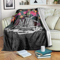 Personalised Hawaii Blanket Humpback Whale Tattoo With Tropical Flowers Black LT14 Black - Polynesian Pride
