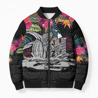 Personalised Hawaii Bomber Puffer Jacket Humpback Whale Tattoo With Tropical Flowers Black LT14 Unisex Black - Polynesian Pride