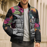 Personalised Hawaii Bomber Puffer Jacket Humpback Whale Tattoo With Tropical Flowers Black LT14 - Polynesian Pride