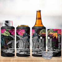 Personalised Hawaii 4 in 1 Can Cooler Tumbler Humpback Whale Tattoo With Tropical Flowers Black LT14 - Polynesian Pride