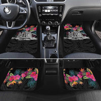Personalised Hawaii Car Mats Humpback Whale Tattoo With Tropical Flowers Black LT14 Set 4pcs Black - Polynesian Pride