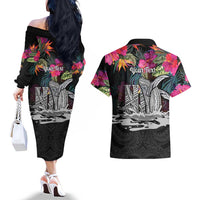 Personalised Hawaii Couples Matching Off The Shoulder Long Sleeve Dress and Hawaiian Shirt Humpback Whale Tattoo With Tropical Flowers Black