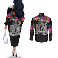 Personalised Hawaii Couples Matching Off The Shoulder Long Sleeve Dress and Long Sleeve Button Shirt Humpback Whale Tattoo With Tropical Flowers Black