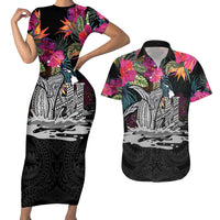 Personalised Hawaii Couples Matching Short Sleeve Bodycon Dress and Hawaiian Shirt Humpback Whale Tattoo With Tropical Flowers Black