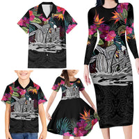 Personalised Hawaii Family Matching Long Sleeve Bodycon Dress and Hawaiian Shirt Humpback Whale Tattoo With Tropical Flowers Black