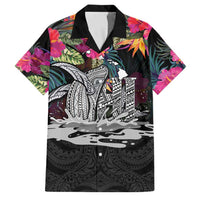 Personalised Hawaii Family Matching Long Sleeve Bodycon Dress and Hawaiian Shirt Humpback Whale Tattoo With Tropical Flowers Black