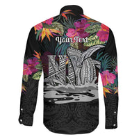 Personalised Hawaii Family Matching Long Sleeve Bodycon Dress and Hawaiian Shirt Humpback Whale Tattoo With Tropical Flowers Black