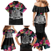 Personalised Hawaii Family Matching Mermaid Dress and Hawaiian Shirt Humpback Whale Tattoo With Tropical Flowers Black