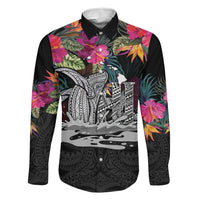 Personalised Hawaii Family Matching Mermaid Dress and Hawaiian Shirt Humpback Whale Tattoo With Tropical Flowers Black