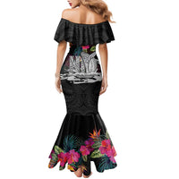 Personalised Hawaii Family Matching Mermaid Dress and Hawaiian Shirt Humpback Whale Tattoo With Tropical Flowers Black
