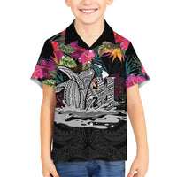 Personalised Hawaii Family Matching Off The Shoulder Long Sleeve Dress and Hawaiian Shirt Humpback Whale Tattoo With Tropical Flowers Black
