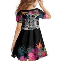Personalised Hawaii Family Matching Off Shoulder Maxi Dress and Hawaiian Shirt Humpback Whale Tattoo With Tropical Flowers Black