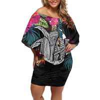 Personalised Hawaii Family Matching Off Shoulder Short Dress and Hawaiian Shirt Humpback Whale Tattoo With Tropical Flowers Black