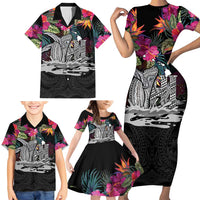 Personalised Hawaii Family Matching Short Sleeve Bodycon Dress and Hawaiian Shirt Humpback Whale Tattoo With Tropical Flowers Black