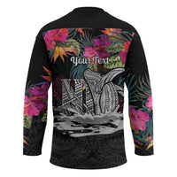Personalised Hawaii Hockey Jersey Humpback Whale Tattoo With Tropical Flowers Black LT14 - Polynesian Pride