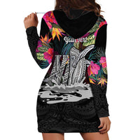 Personalised Hawaii Hoodie Dress Humpback Whale Tattoo With Tropical Flowers Black LT14 - Polynesian Pride