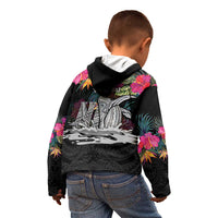 Personalised Hawaii Kid Hoodie Humpback Whale Tattoo With Tropical Flowers Black LT14 - Polynesian Pride