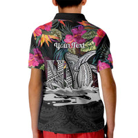 Personalised Hawaii Kid Polo Shirt Humpback Whale Tattoo With Tropical Flowers Black LT14 - Polynesian Pride