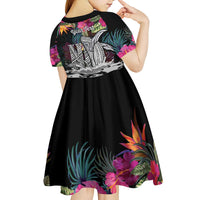 Personalised Hawaii Kid Short Sleeve Dress Humpback Whale Tattoo With Tropical Flowers Black LT14 - Polynesian Pride
