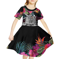 Personalised Hawaii Kid Short Sleeve Dress Humpback Whale Tattoo With Tropical Flowers Black LT14 - Polynesian Pride