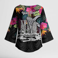 Personalised Hawaii Kimono Sleeve Blouse Humpback Whale Tattoo With Tropical Flowers Black LT14 - Polynesian Pride