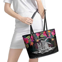 Personalised Hawaii Leather Tote Bag Humpback Whale Tattoo With Tropical Flowers Black LT14 - Polynesian Pride