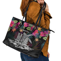Personalised Hawaii Leather Tote Bag Humpback Whale Tattoo With Tropical Flowers Black LT14 - Polynesian Pride
