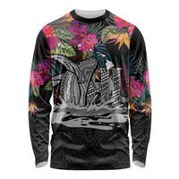 Personalised Hawaii Long Sleeve Shirt Humpback Whale Tattoo With Tropical Flowers Black LT14 Unisex Black - Polynesian Pride