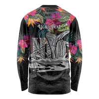 Personalised Hawaii Long Sleeve Shirt Humpback Whale Tattoo With Tropical Flowers Black LT14 - Polynesian Pride