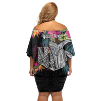 Personalised Hawaii Off Shoulder Short Dress Humpback Whale Tattoo With Tropical Flowers Black LT14 - Polynesian Pride