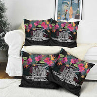 Personalised Hawaii Pillow Cover Humpback Whale Tattoo With Tropical Flowers Black LT14 - Polynesian Pride