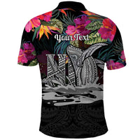 Personalised Hawaii Polo Shirt Humpback Whale Tattoo With Tropical Flowers Black LT14 - Polynesian Pride