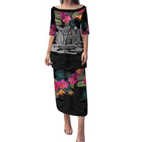 Personalised Hawaii Puletasi Humpback Whale Tattoo With Tropical Flowers Black LT14 Long Dress Black - Polynesian Pride