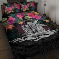 Personalised Hawaii Quilt Bed Set Humpback Whale Tattoo With Tropical Flowers Black LT14 Black - Polynesian Pride