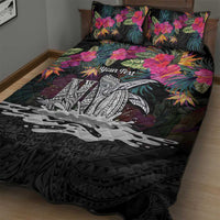 Personalised Hawaii Quilt Bed Set Humpback Whale Tattoo With Tropical Flowers Black LT14 - Polynesian Pride