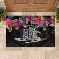 Personalised Hawaii Rubber Doormat Humpback Whale Tattoo With Tropical Flowers Black LT14 Black - Polynesian Pride