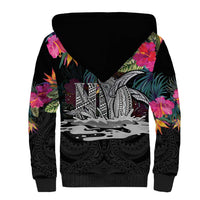 Personalised Hawaii Sherpa Hoodie Humpback Whale Tattoo With Tropical Flowers Black LT14 - Polynesian Pride