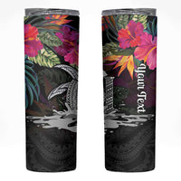 Personalised Hawaii Skinny Tumbler Humpback Whale Tattoo With Tropical Flowers Black LT14 Black - Polynesian Pride