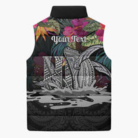 Personalised Hawaii Sleeveless Puffer Jacket Humpback Whale Tattoo With Tropical Flowers Black LT14 - Polynesian Pride