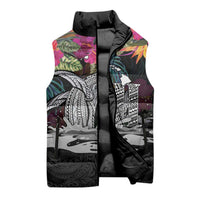 Personalised Hawaii Sleeveless Puffer Jacket Humpback Whale Tattoo With Tropical Flowers Black LT14 - Polynesian Pride