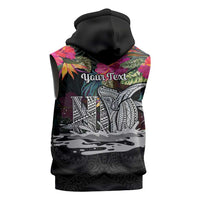Personalised Hawaii Sleeveless Zip Hoodie Humpback Whale Tattoo With Tropical Flowers Black LT14 - Polynesian Pride