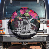 Personalised Hawaii Spare Tire Cover Humpback Whale Tattoo With Tropical Flowers Black LT14 Black - Polynesian Pride